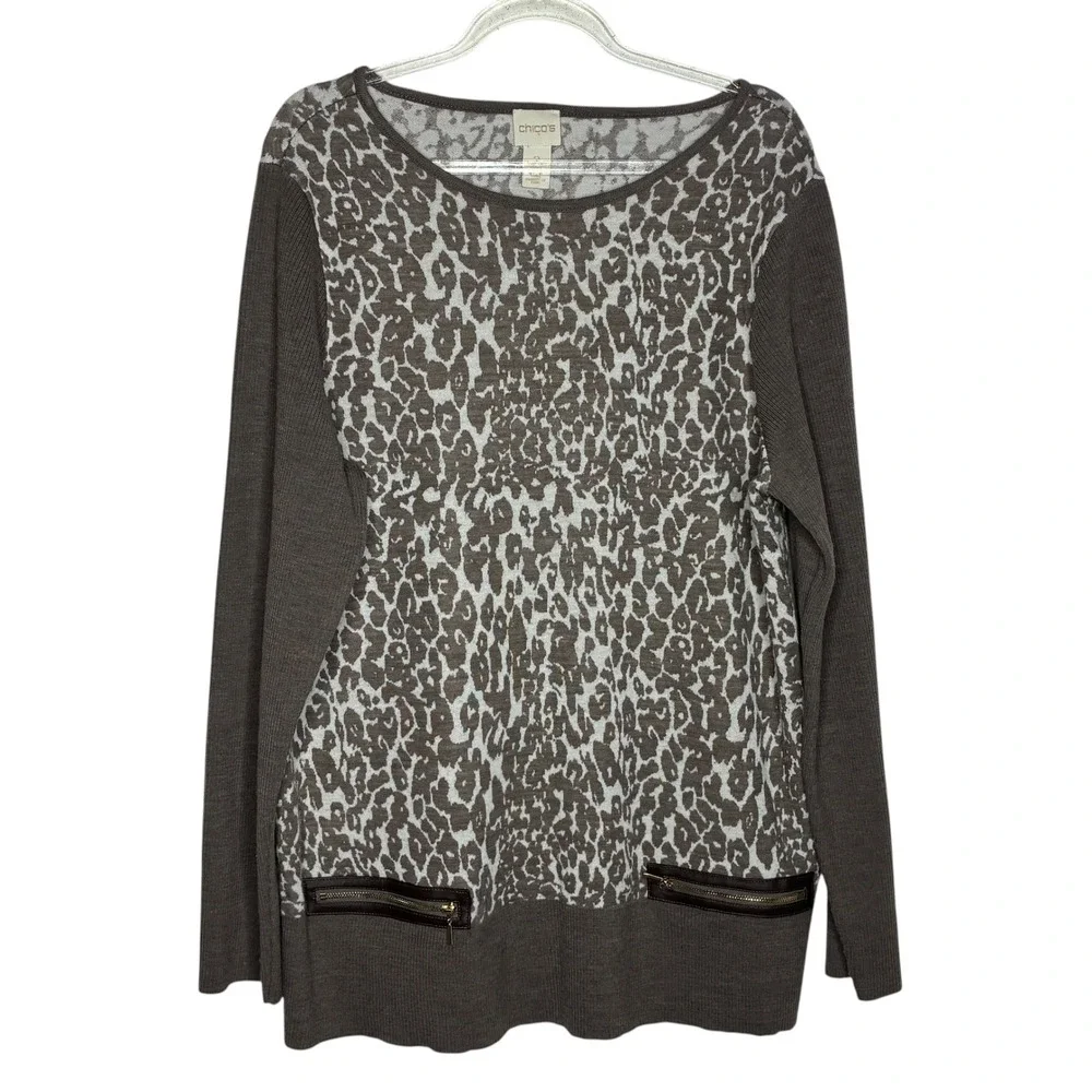 Chicos Womens Size 2/Large Brown Leopard Print Sweater Zipper Detail Wool Knit - Picture 1 of 9